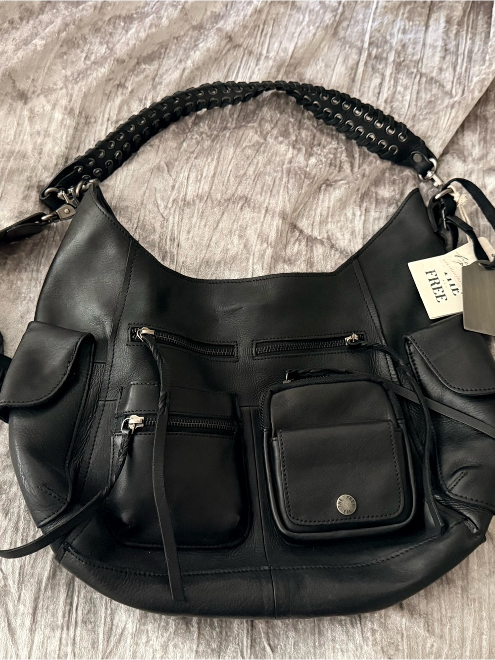 Free People Black Multi-Pocket Braided-Handle Shoulder Bag - Picture 2 of 5
